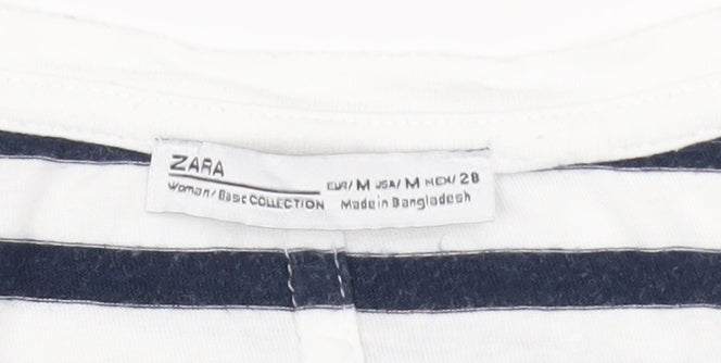 Zara Women Blue Striped V-Neck Cotton T-Shirt Size 12