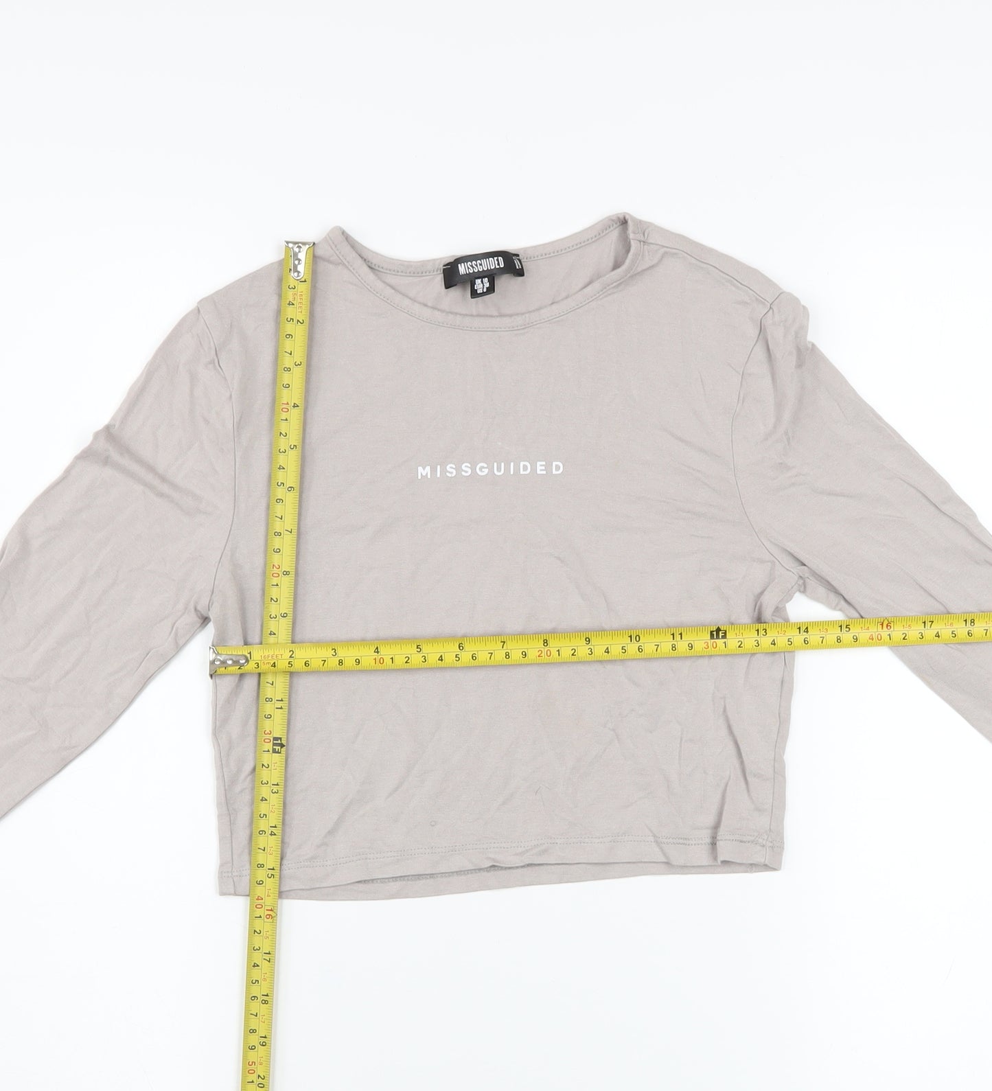 Missguided Women’s Beige Cropped Long Sleeve Cotton T-Shirt UK 10