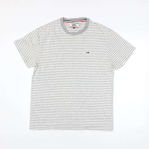Tommy Jeans Men's Grey White Striped Cotton Crew Neck T-Shirt S