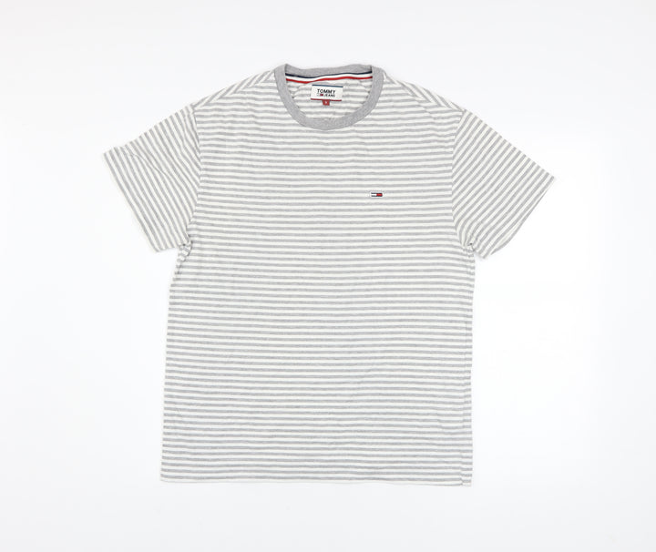 Tommy Jeans Men's Grey White Striped Cotton Crew Neck T-Shirt S