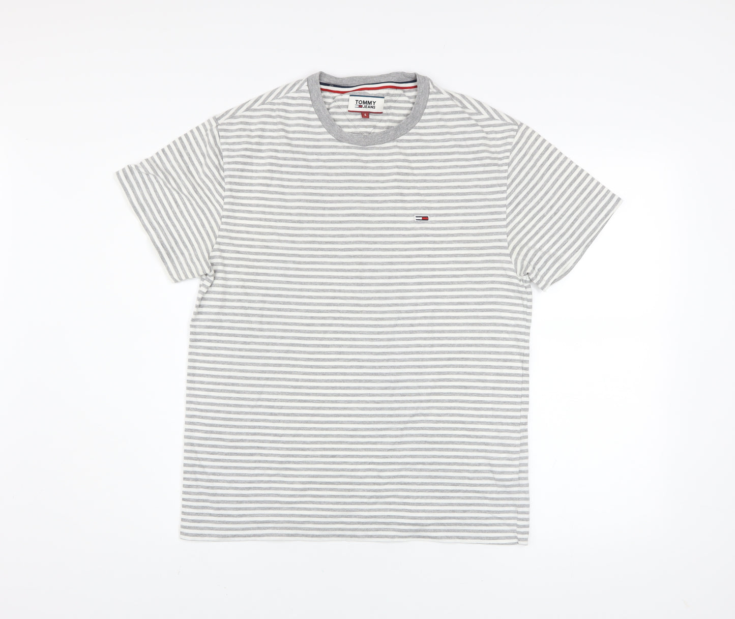 Tommy Jeans Men's Grey White Striped Cotton Crew Neck T-Shirt S