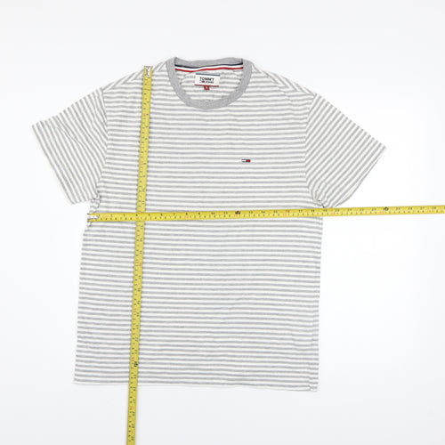 Tommy Jeans Men's Grey White Striped Cotton Crew Neck T-Shirt S