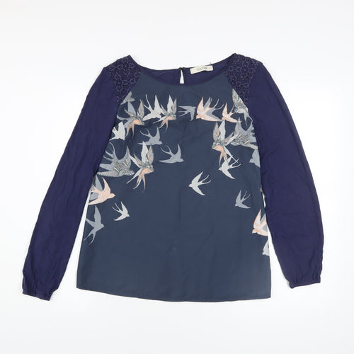 Oasis Women Blue Bird Print Lace Tunic Blouse Size M