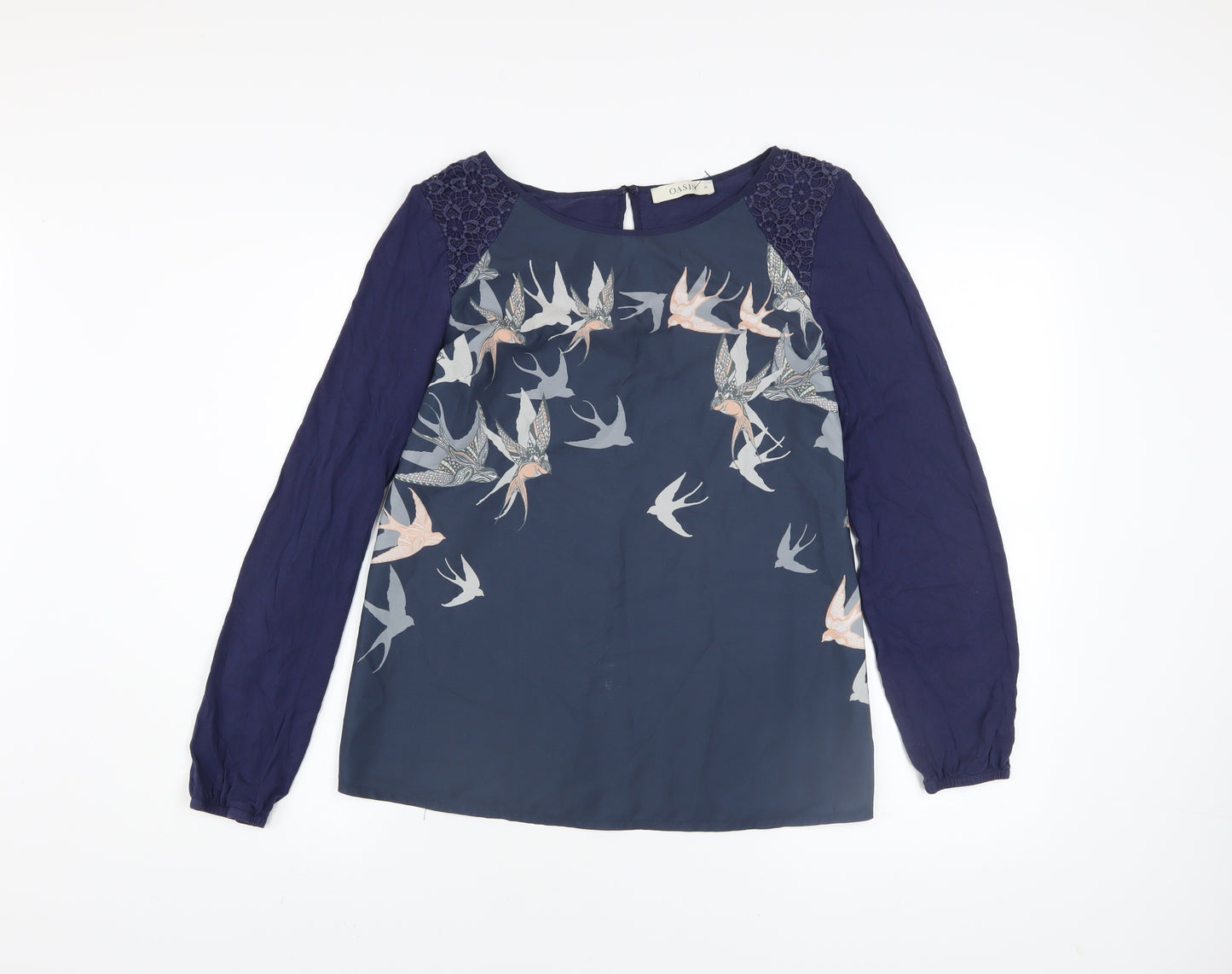Oasis Women Blue Bird Print Lace Tunic Blouse Size M