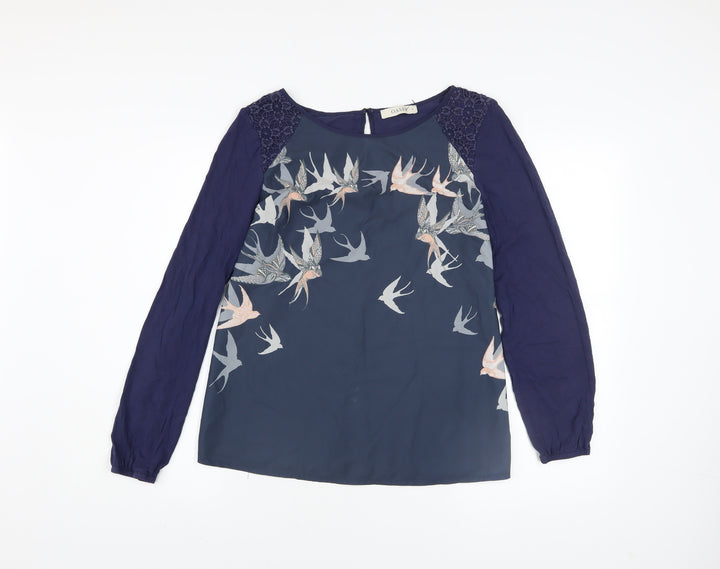 Oasis Women Blue Bird Print Lace Tunic Blouse Size M