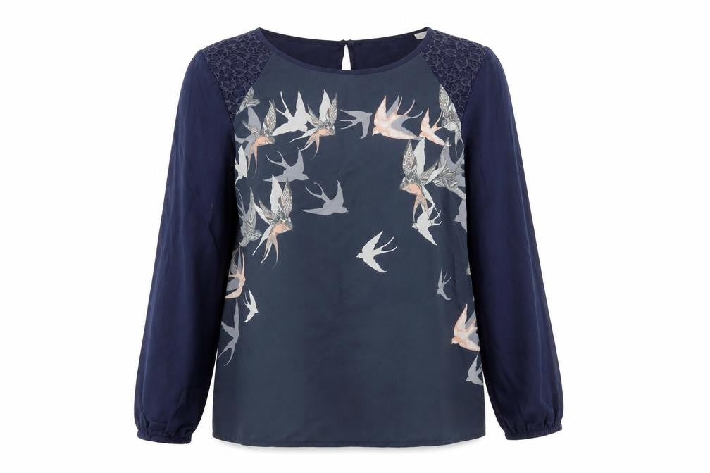 Front view of Oasis Women Blue Bird Print Lace Tunic Blouse, size M