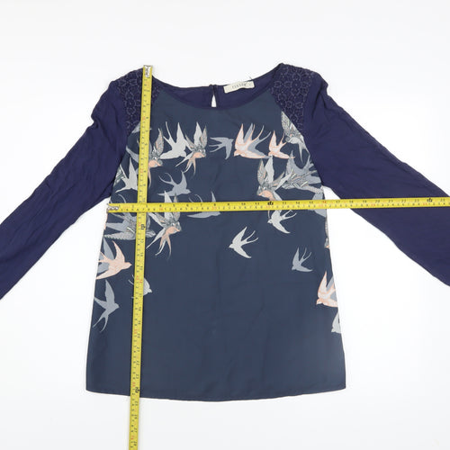 Oasis Women Blue Bird Print Lace Tunic Blouse Size M
