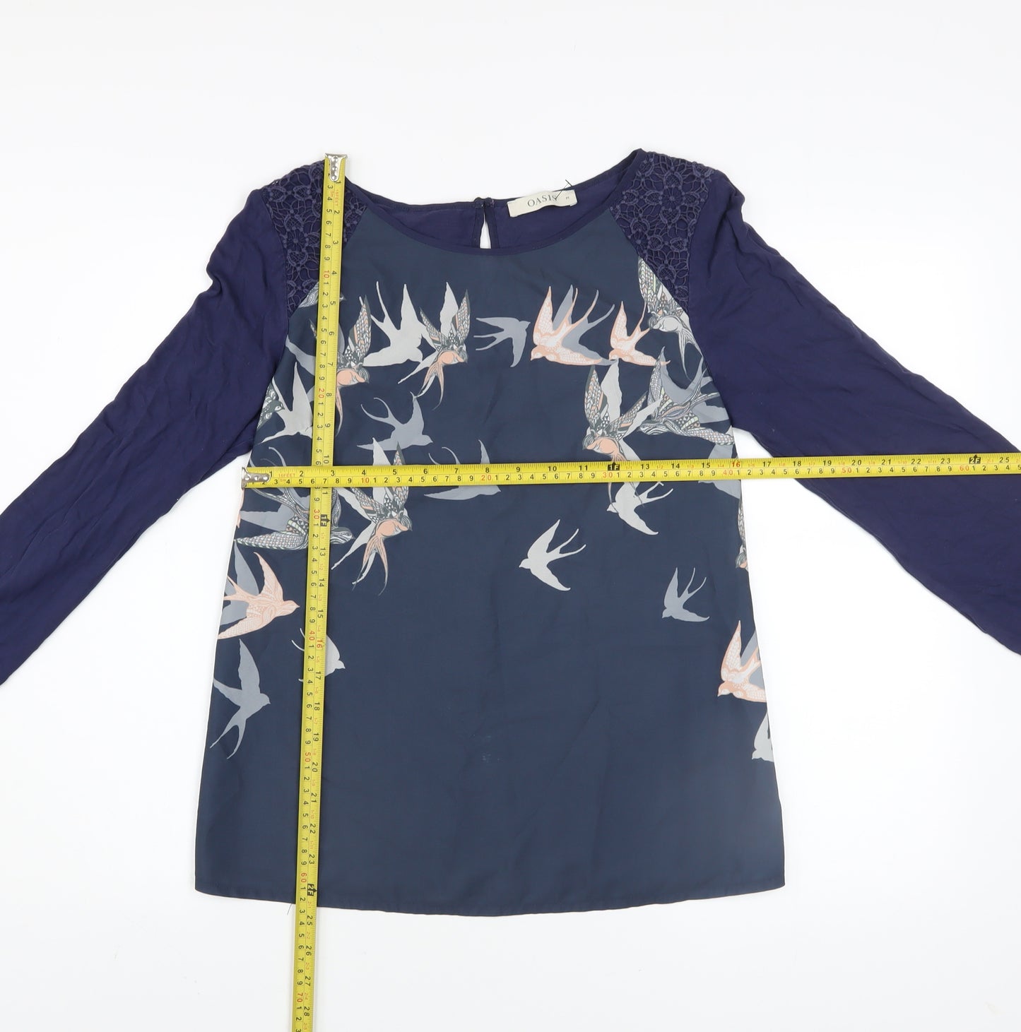 Oasis Women Blue Bird Print Lace Tunic Blouse Size M
