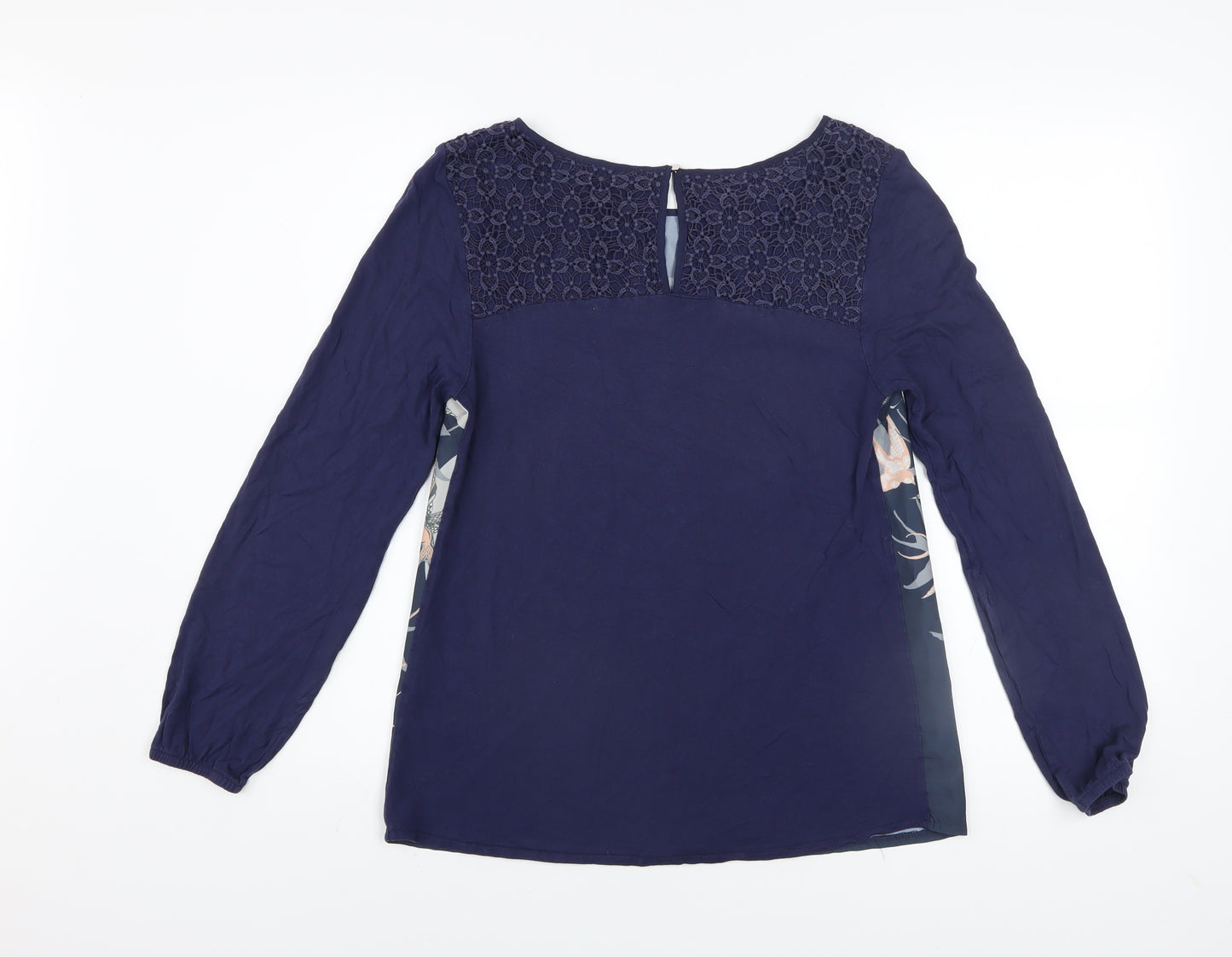 Oasis Women Blue Bird Print Lace Tunic Blouse Size M