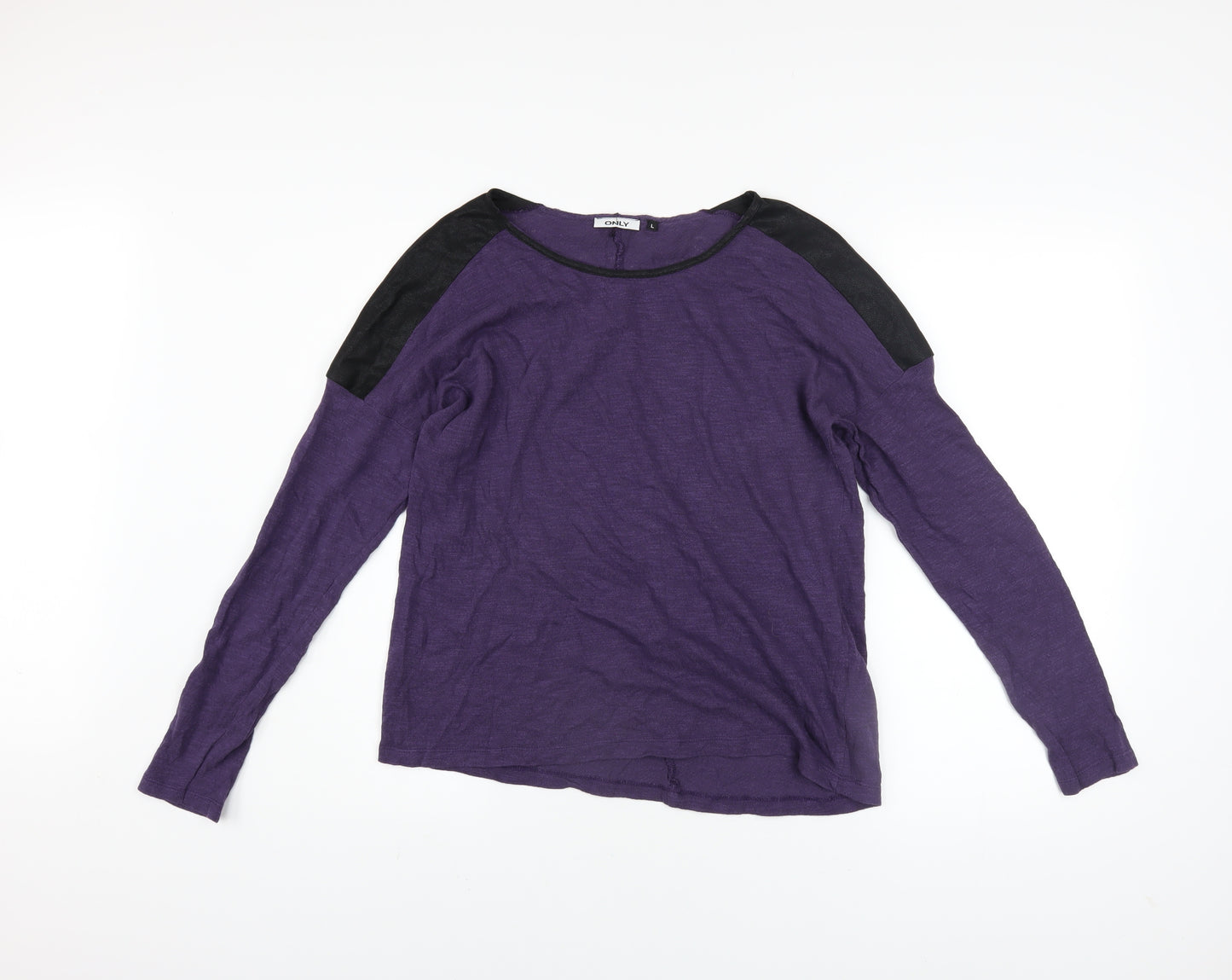 ONLY Women’s Purple Boat Neck Faux Leather Shoulder Jumper Size L