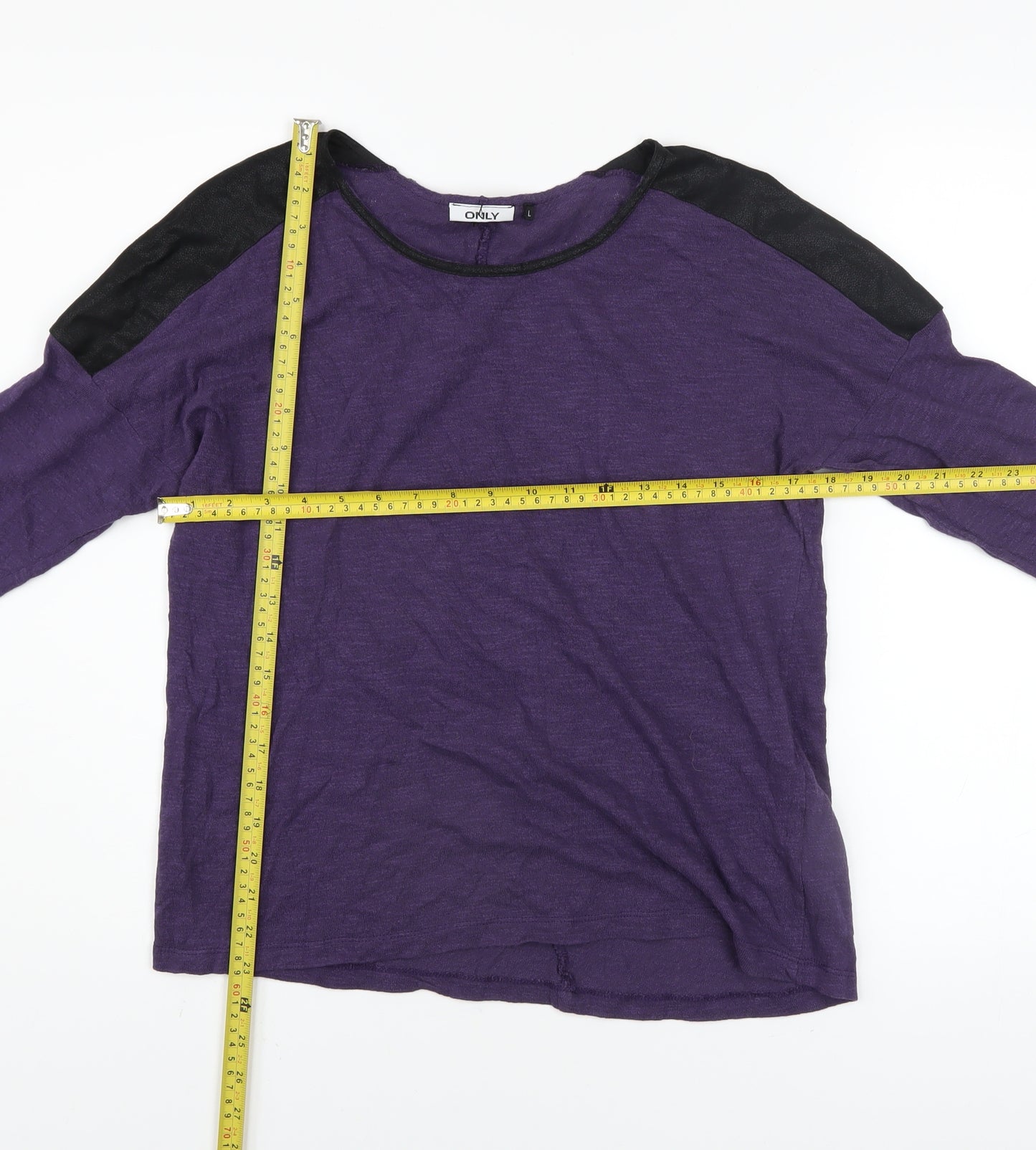 ONLY Women’s Purple Boat Neck Faux Leather Shoulder Jumper Size L