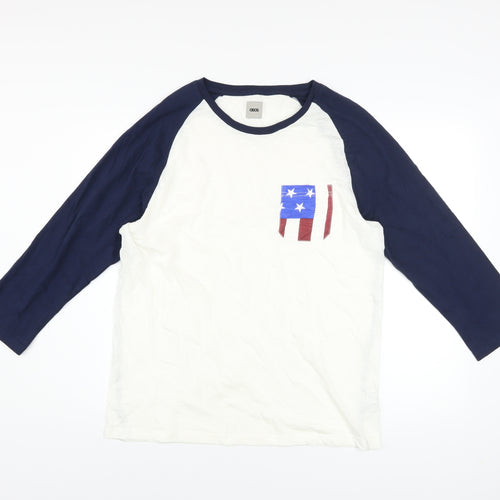 ASOS Men's White Blue 3/4 Sleeve Patriotic Graphic Cotton Top L