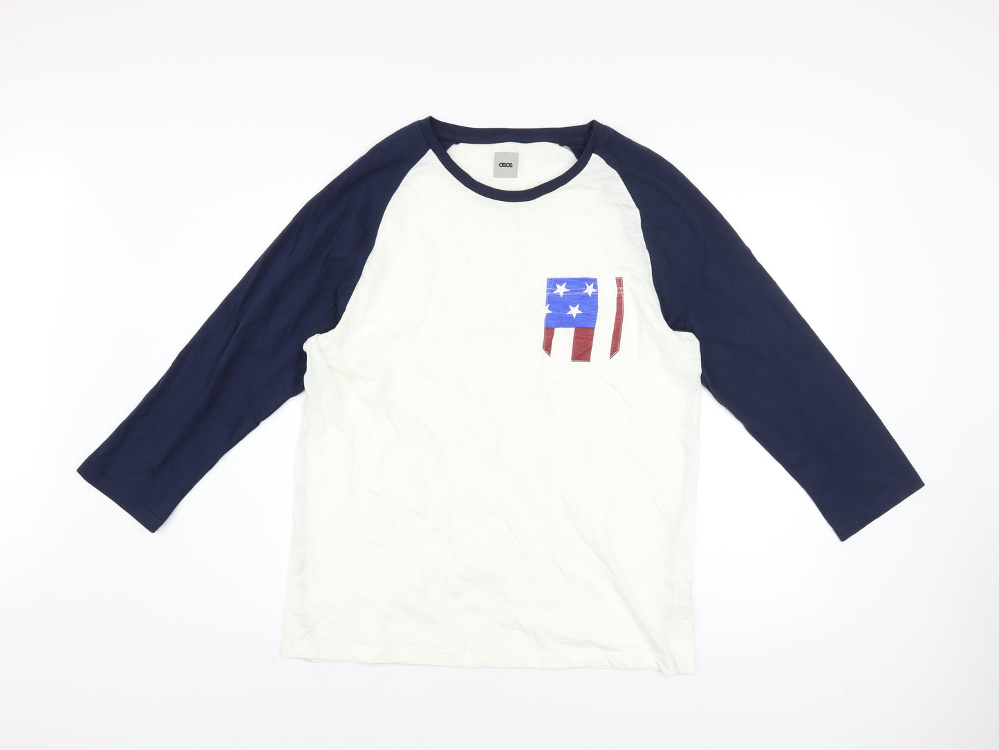 ASOS Men's White Blue 3/4 Sleeve Patriotic Graphic Cotton Top L