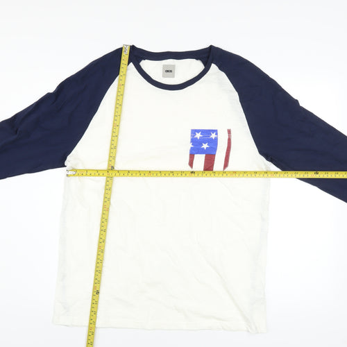 ASOS Men's White Blue 3/4 Sleeve Patriotic Graphic Cotton Top L