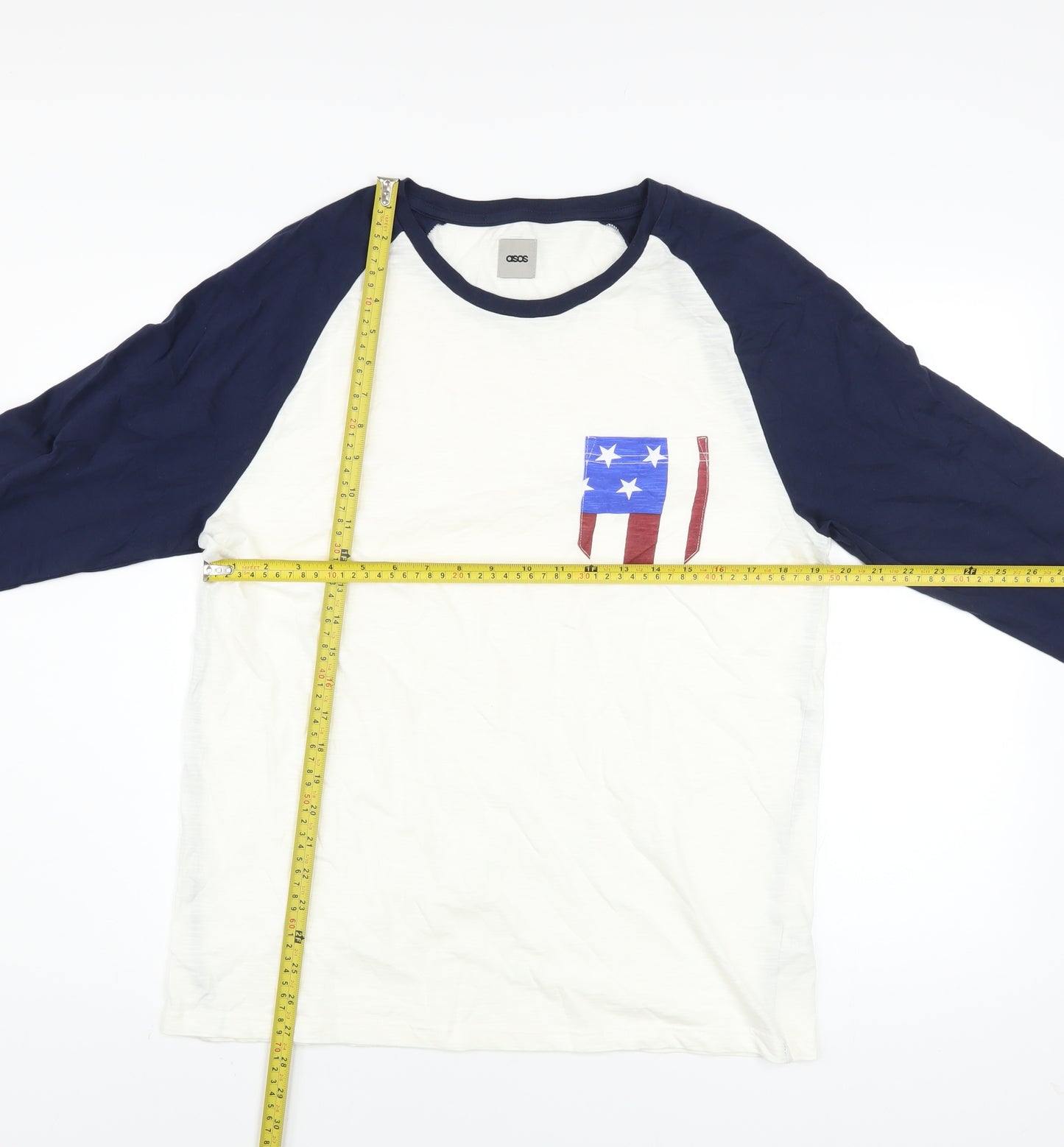 ASOS Men's White Blue 3/4 Sleeve Patriotic Graphic Cotton Top L