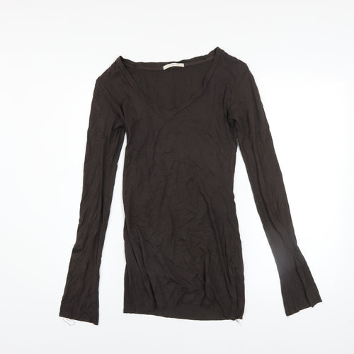 Charli London Womens Brown Long Sleeve V-Neck Stretch T-Shirt Size 8