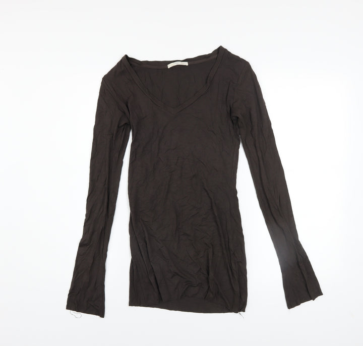Charli London Womens Brown Long Sleeve V-Neck Stretch T-Shirt Size 8