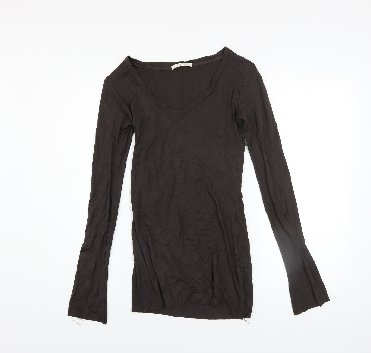 Charli London Womens Brown Long Sleeve V-Neck Stretch T-Shirt Size 8