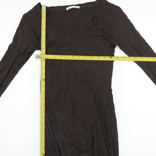 Charli London Womens Brown Long Sleeve V-Neck Stretch T-Shirt Size 8