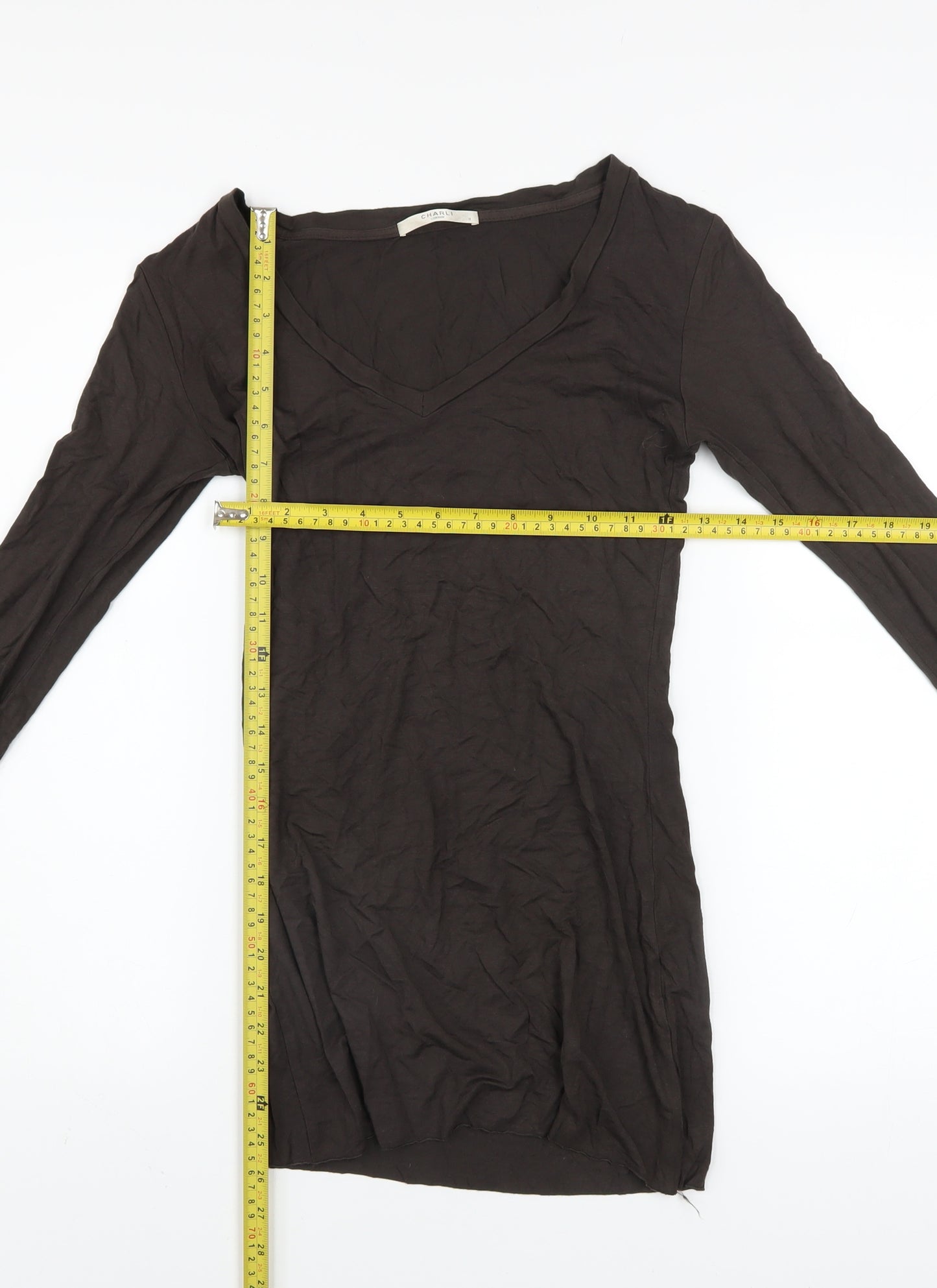 Charli London Womens Brown Long Sleeve V-Neck Stretch T-Shirt Size 8