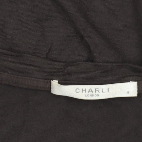 Charli London Womens Brown Long Sleeve V-Neck Stretch T-Shirt Size 8