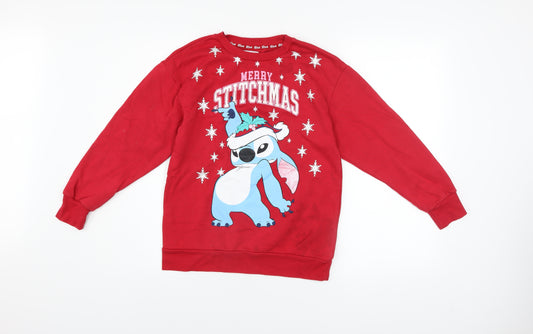 Front view of Primark Disney Stitch girls’ red christmas pullover sweatshirt 11 years