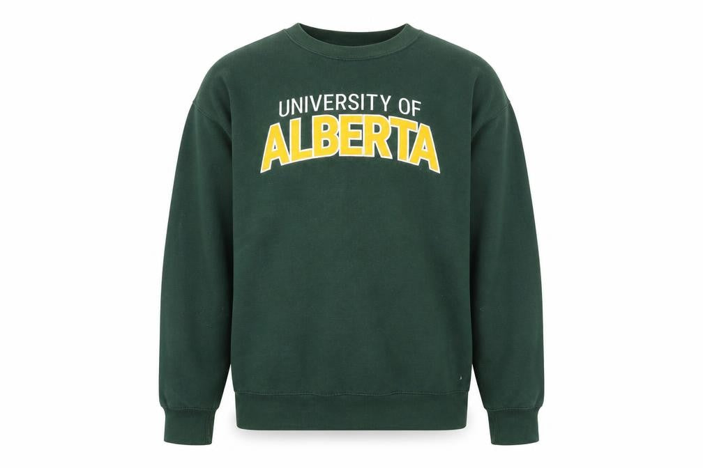 Front view of JPT Men’s Green University of Alberta Fleece Pullover Sweatshirt, size M