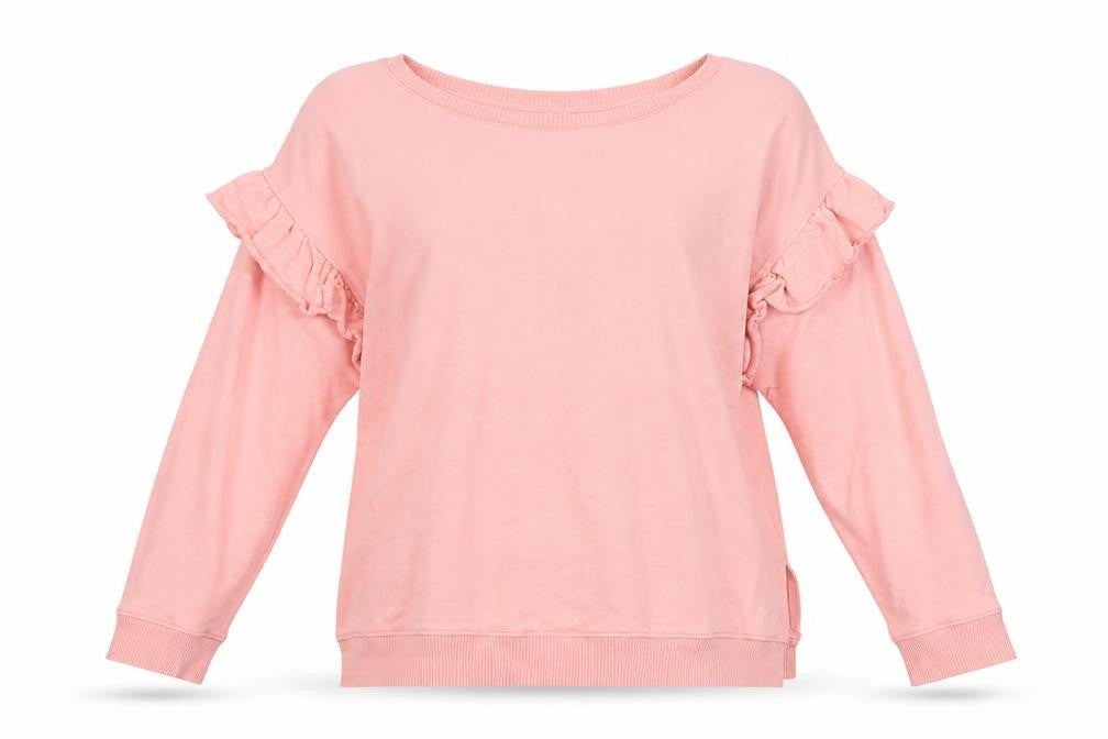 Front view of River Island Women Pink Ruffle Long Sleeve Pullover Sweatshirt L