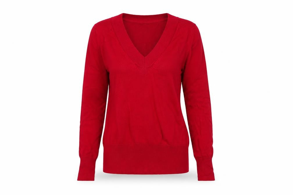 Front view of F&F Women's Red V-Neck Knit jumper, size 14