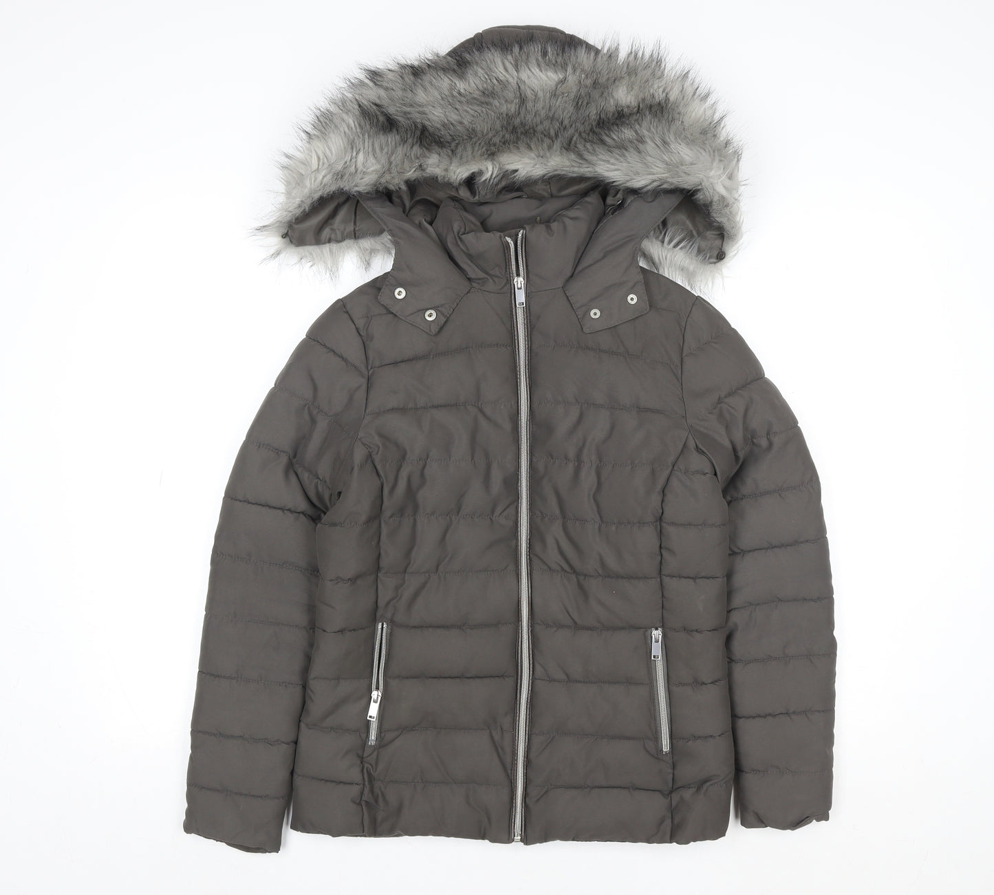 New Look Women’s Grey Faux Fur Hooded Puffer Jacket Size 6