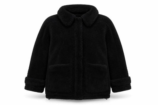 Front view of Topshop Women's Black Fleece Zip Coat, size S, Classic Mid-Length