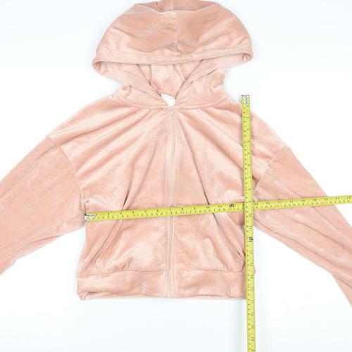 H&M Women Pink Velour Hooded Zip Jacket Size 10 Regular
