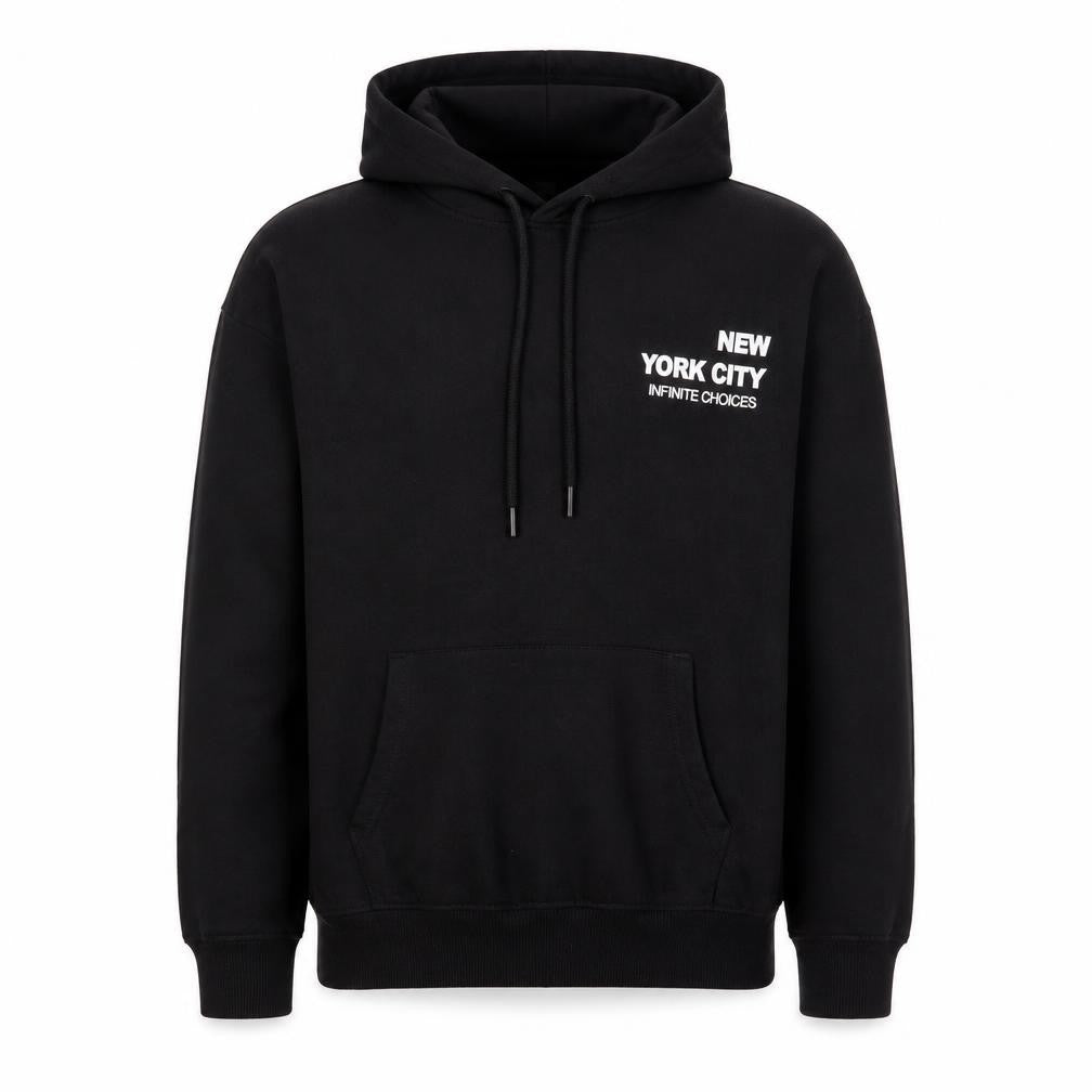 Front view of Styli Men's Black XS Pullover Hoodie with City Graphic Print