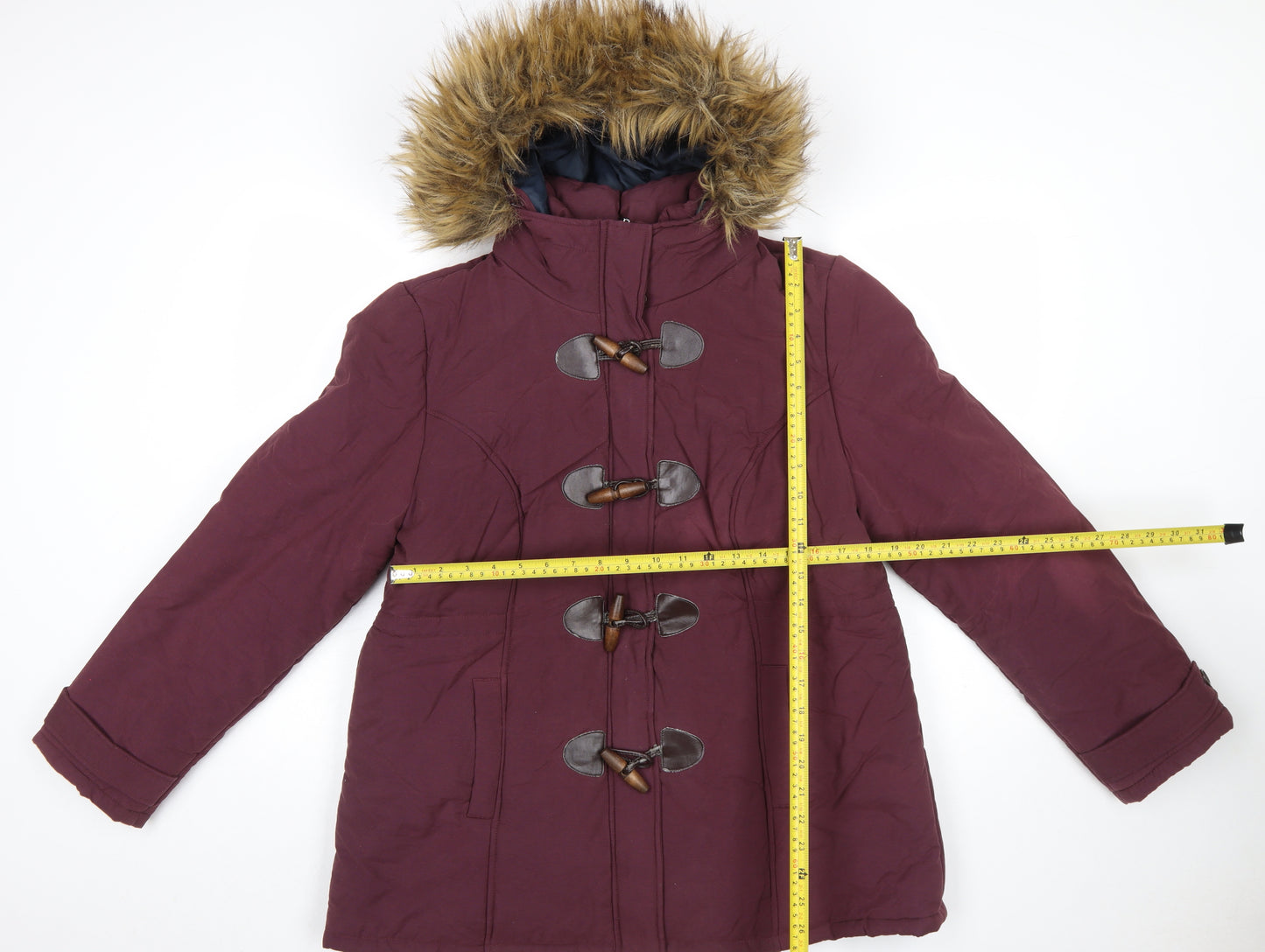 BHS Women’s Red Faux Fur Hooded Toggle Duffle Coat Size 18