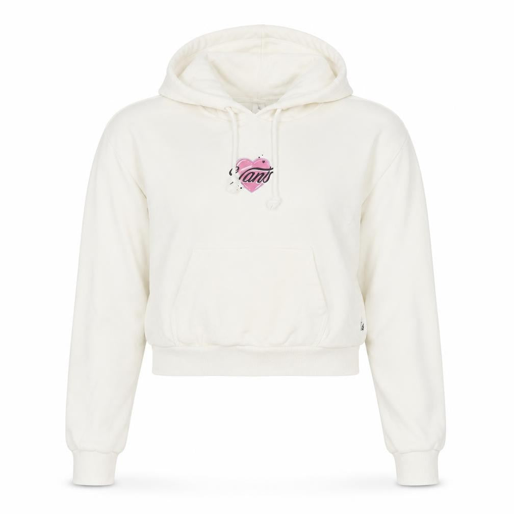 Front view of Vans women’s ivory hoodie, size S, pullover 100% cotton graphic logo