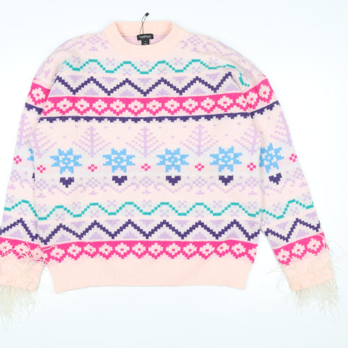 Boohoo Womens Multicoloured Fair Isle Knit Jumper M Crew Neck Winter Pullover