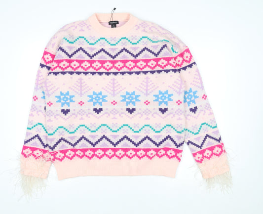 Boohoo Womens Multicoloured Fair Isle Knit Jumper M Crew Neck Winter Pullover