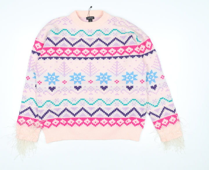 Boohoo Womens Multicoloured Fair Isle Knit Jumper M Crew Neck Winter Pullover