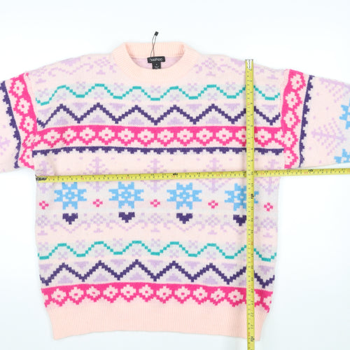 Boohoo Womens Multicoloured Fair Isle Knit Jumper M Crew Neck Winter Pullover