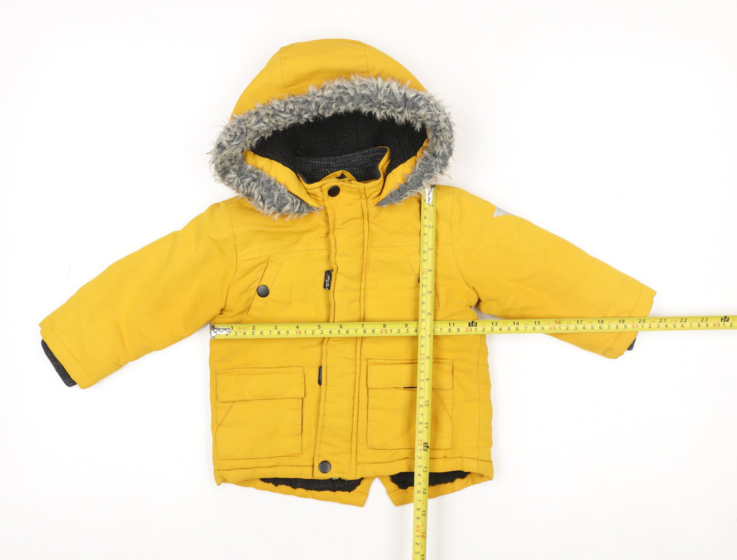 Primark Unisex Baby Yellow Hooded Puffer Jacket 12-18 Months Faux Fur Lined Winter Coat