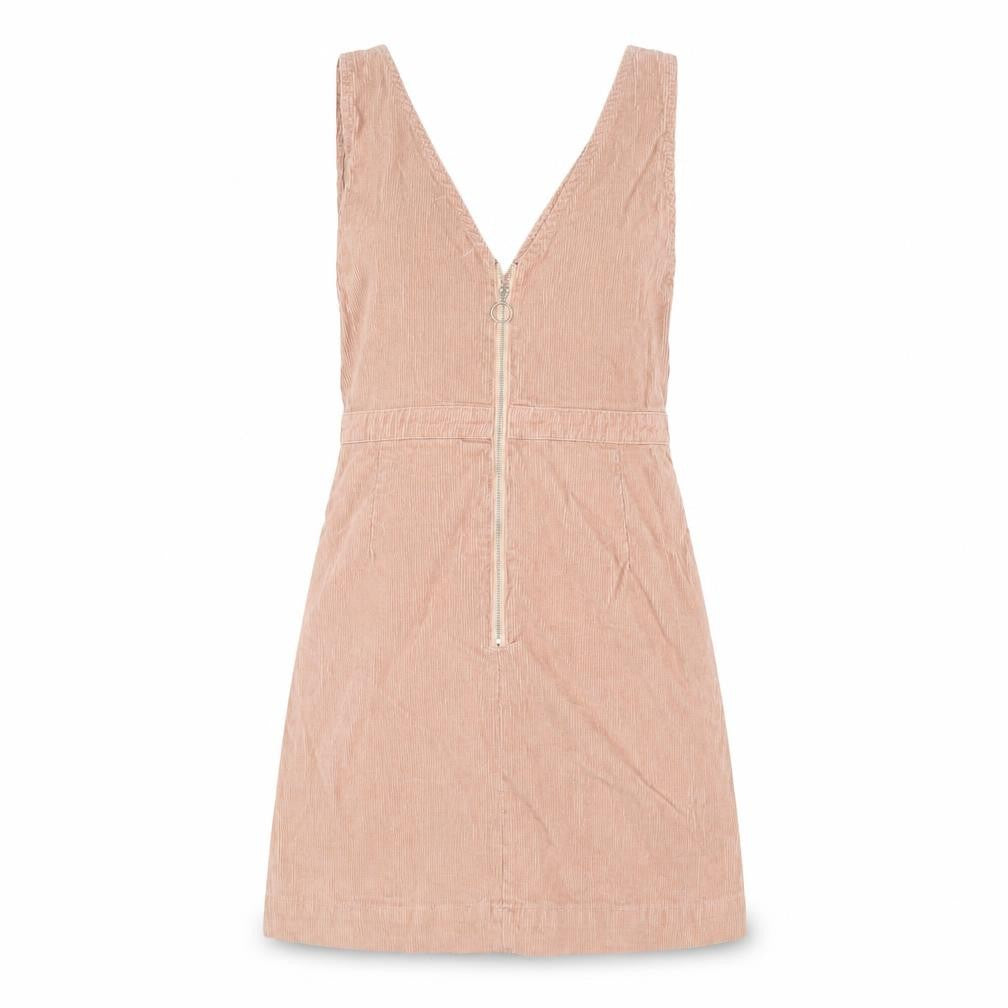 Denim Co. Women’s Beige Corduroy Pinafore Dress Size 6 V-Neck Zip Casual