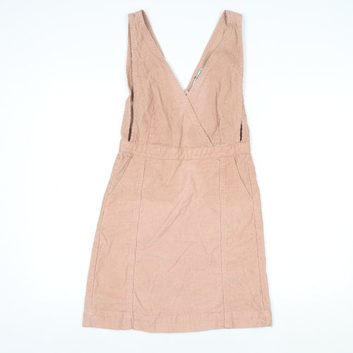 Denim Co. Women’s Beige Corduroy Pinafore Dress Size 6 V-Neck Zip Casual