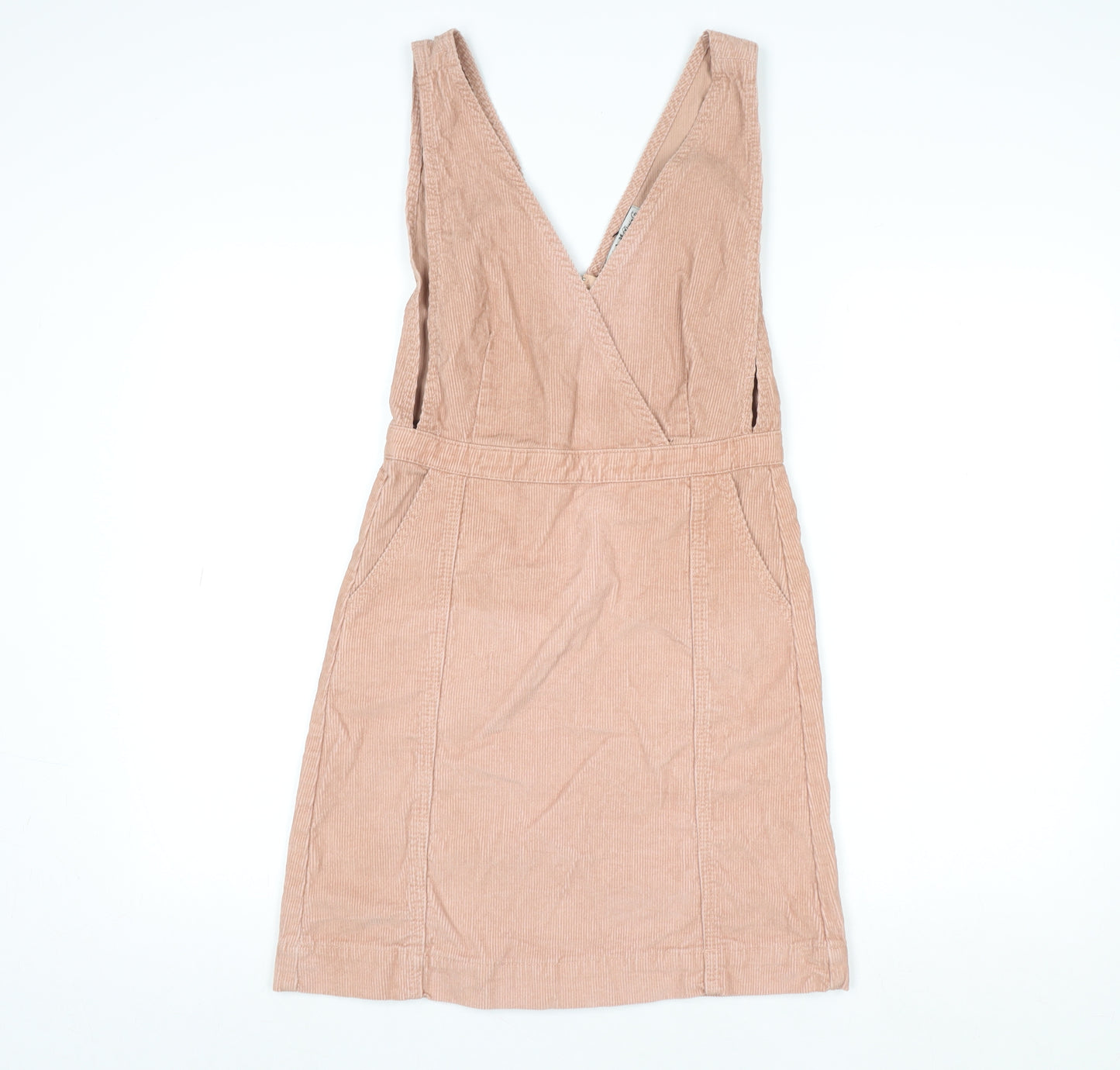 Denim Co. Women’s Beige Corduroy Pinafore Dress Size 6 V-Neck Zip Casual