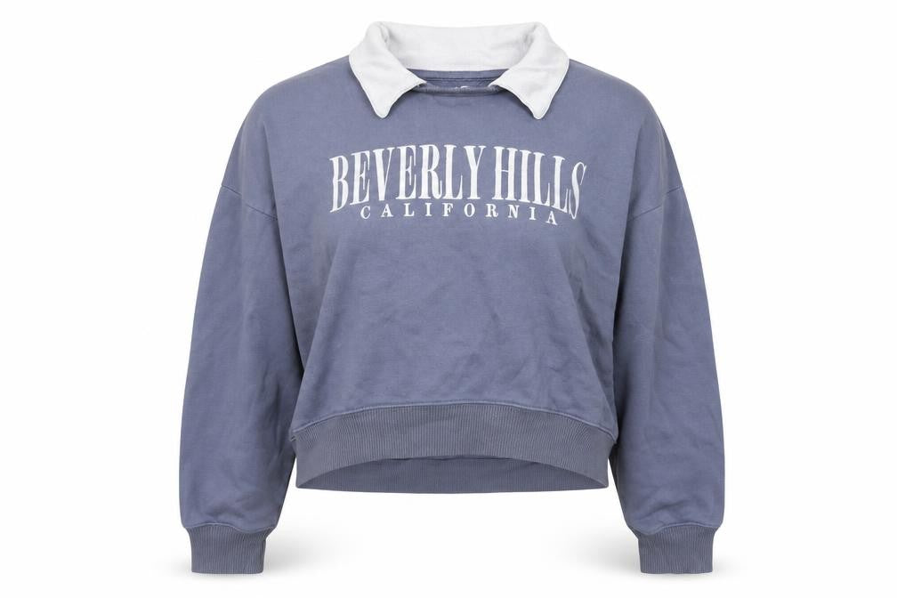Front view of Hollister women’s blue beverly hills collared pullover sweatshirt l