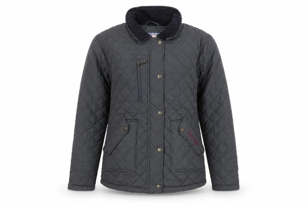 Front view of Just Togs women’s grey quilted mid-length jacket xs