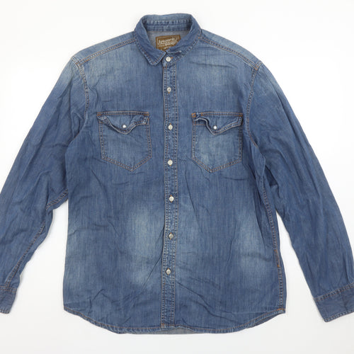 Springfield Men Blue Denim Long Sleeve Button-Up Shirt L Regular Fit