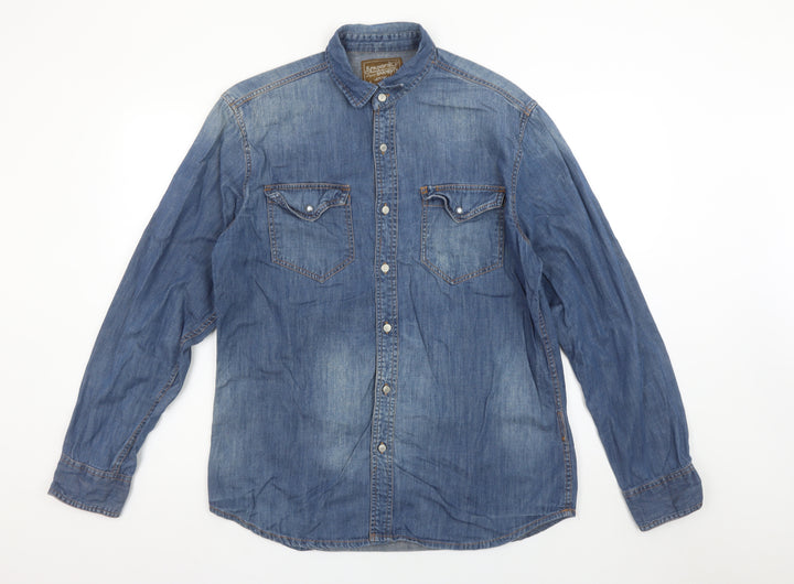 Springfield Men Blue Denim Long Sleeve Button-Up Shirt L Regular Fit