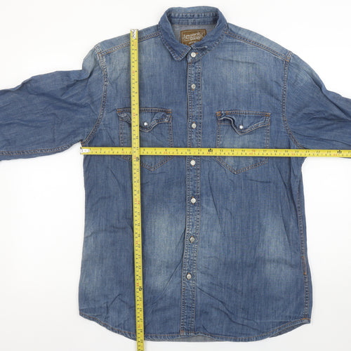 Springfield Men Blue Denim Long Sleeve Button-Up Shirt L Regular Fit