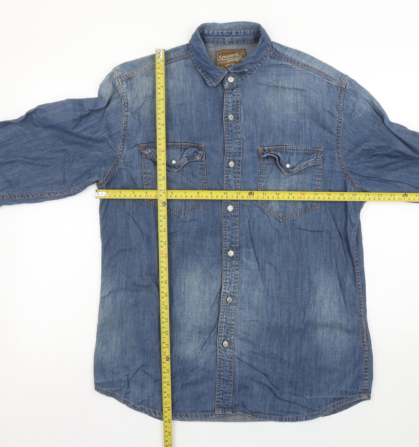 Springfield Men Blue Denim Long Sleeve Button-Up Shirt L Regular Fit