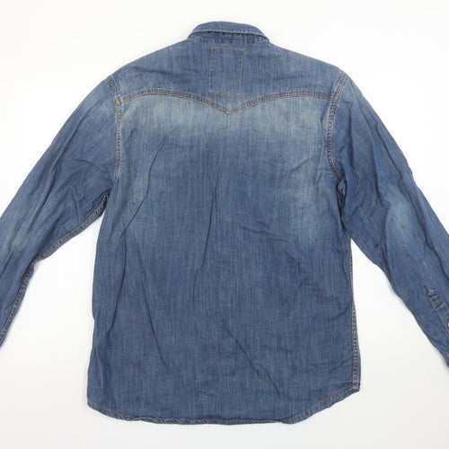 Springfield Men Blue Denim Long Sleeve Button-Up Shirt L Regular Fit